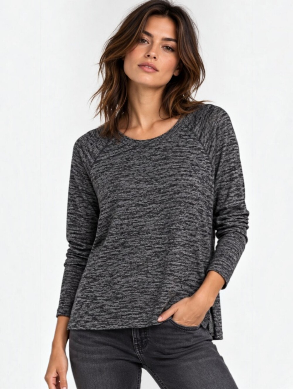 rag & bone "Camden" Marled Black Gray Raglan Sleeve Tee High Low Hem Size Small